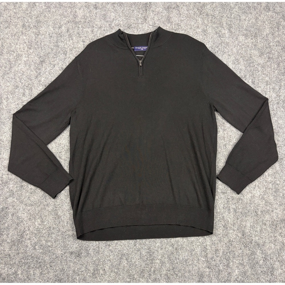Charles Tyrwhitt Mens L Black Qtr Zip Mock Neck Knit Sweater 100% Merino Wool